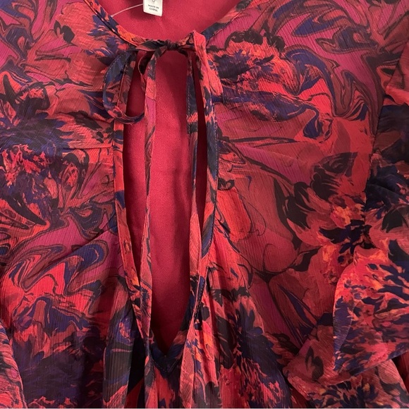 New! Cinq a Sept Livie Dark Red Print Tie Neck Ruffled Mini Dress 20722 - Picture 6 of 10